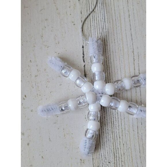 Handmade white bead snowflake ornament Xmas decor - Picture 3 of 5